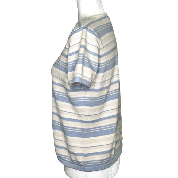 Talbots Blue Beige Cream Striped Cotton Rayon Short Sleeve Sweater - Picture 6 of 7